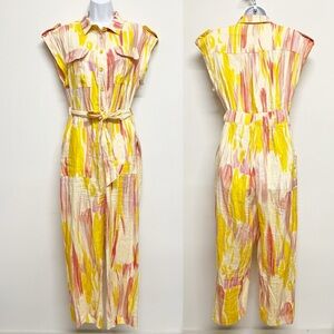 Little Lies Womens Colorful Ikat Painterly Print Linen Cap Sleeve Pant Jumpsuit